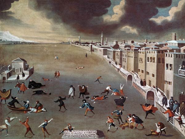 Venetians walking and sledging on the frozen lagoon, an 18th-century painting