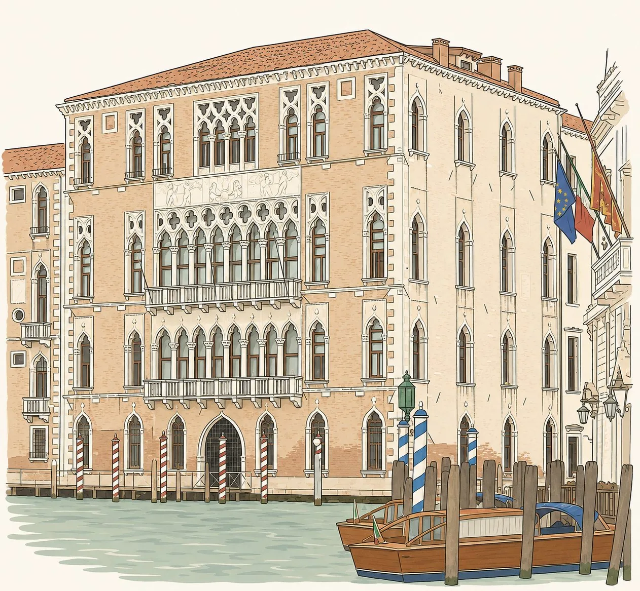 Ca' Foscari on the bend of the Grand Canal, its two tiers of Gothic tracery