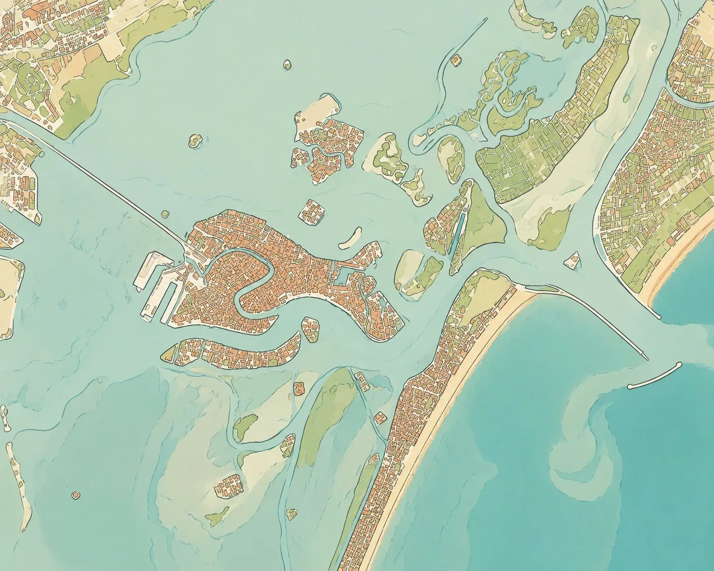 The lagoon seen from above: Venice at the centre, the islands, the mudflats and the long line of the Lido separating the water from the Adriatic