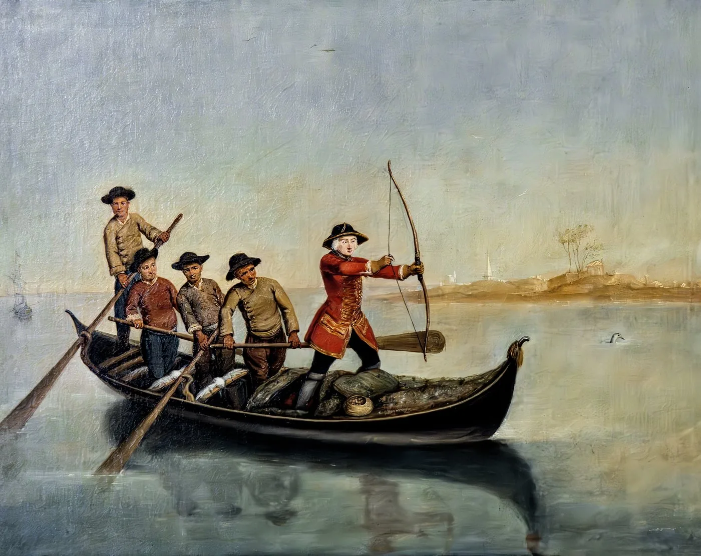 A patrician drawing a bow from a fishing boat rowed by four men, 18th-century painting