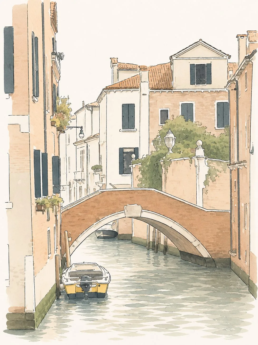 A brick bridge over a narrow canal between two Venetian houses