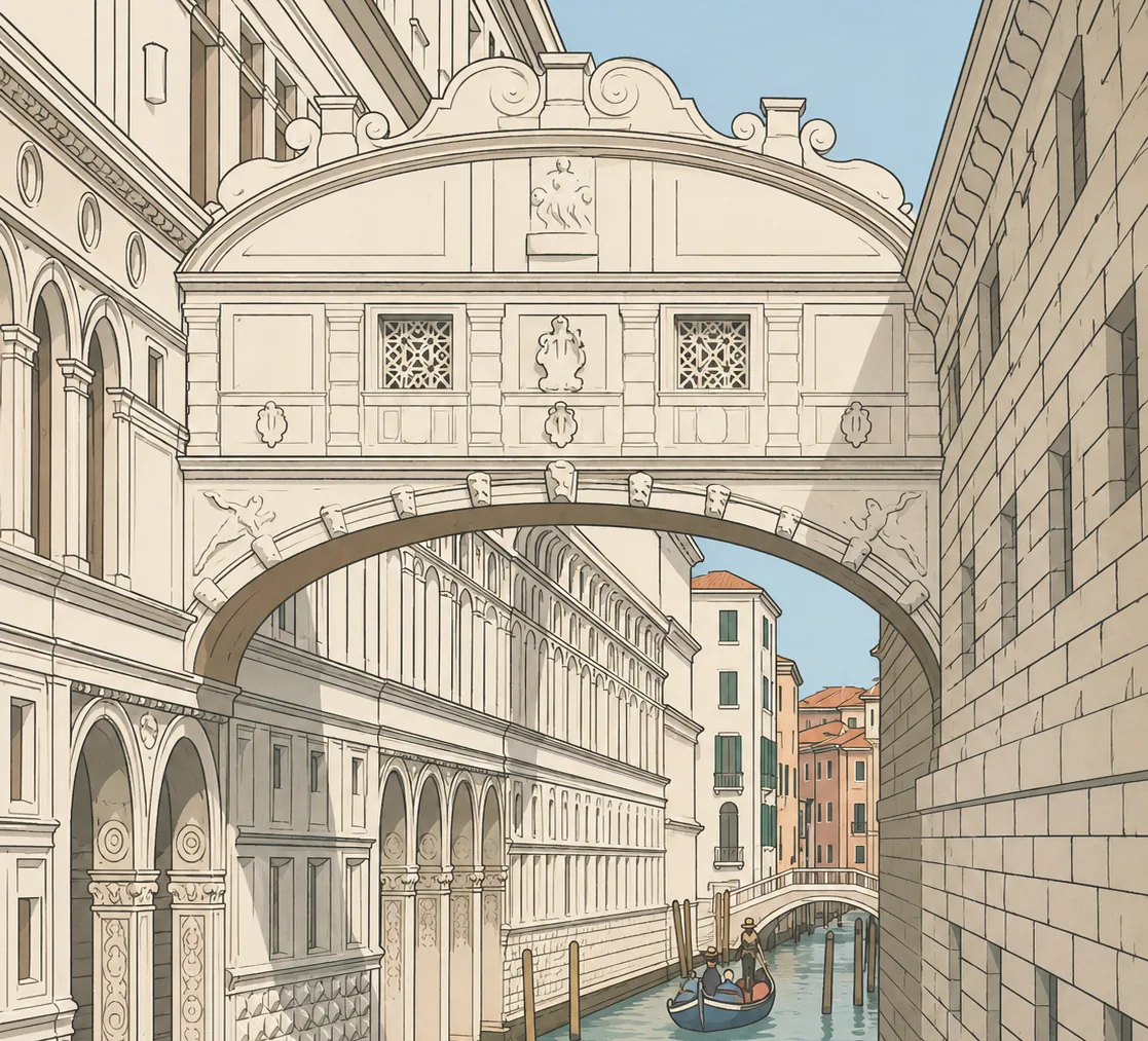 The Bridge of Sighs seen from a canal, its enclosed arch connecting the Doge's Palace to the New Prisons