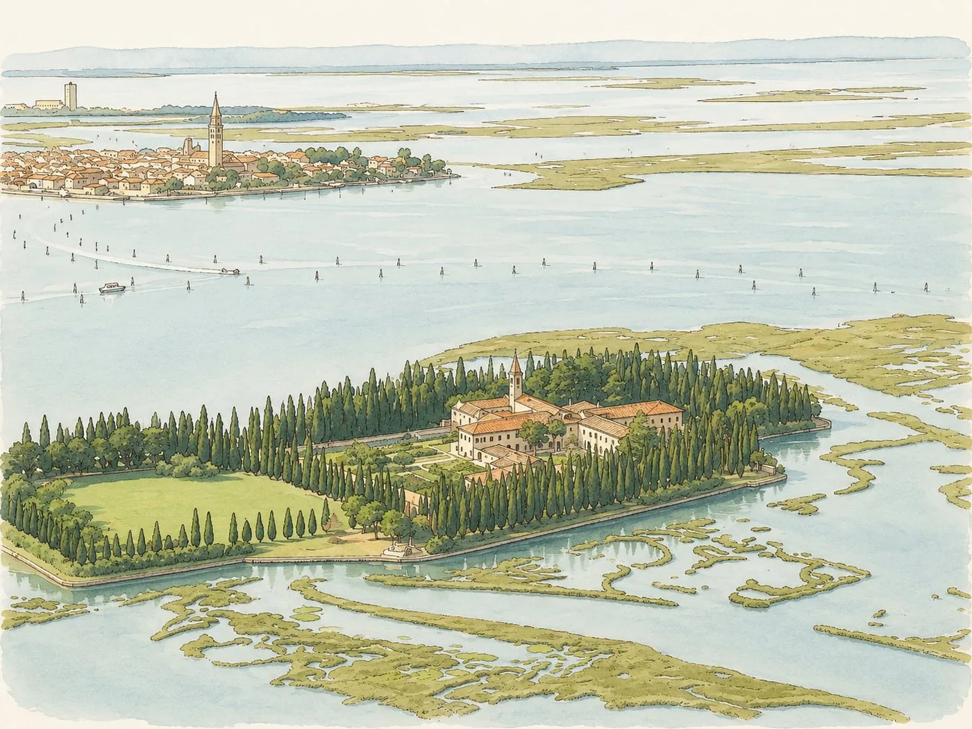 The island of San Francesco del Deserto, its cypresses and monastery, Burano beyond