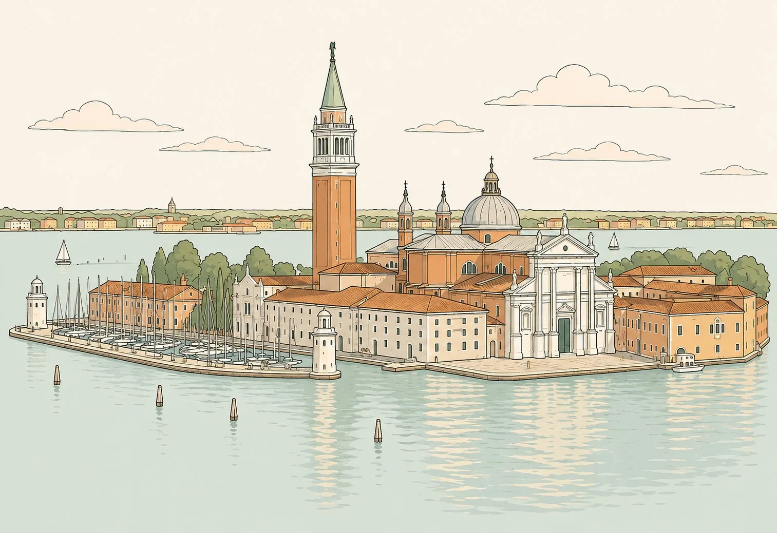 The island of San Giorgio Maggiore seen from the water, its white front, dome and campanile above the monastery buildings and the marina